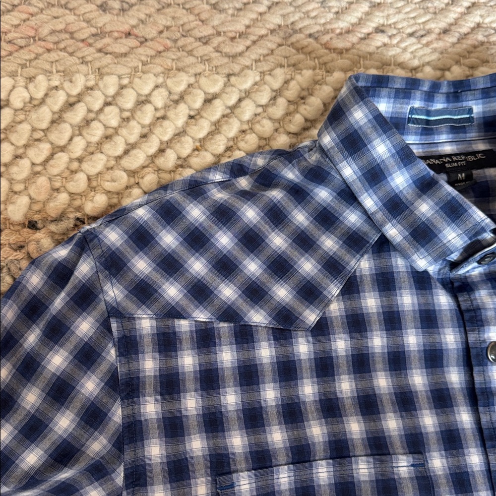 🍌 Banana Republic Western Cut Pearl Snap Navy Plaid Men's Long Sleeve Shirt - Picture 6 of 8